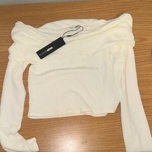 Fashion Nova Cream Ribbed Off-Shoulder Top
